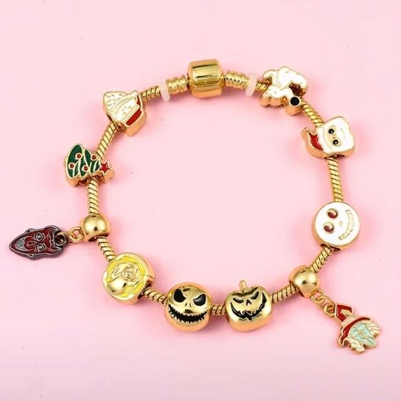 Gold Tone Nightmare Before Christmas Themed Charm Bracelet - Picture 1 of 8